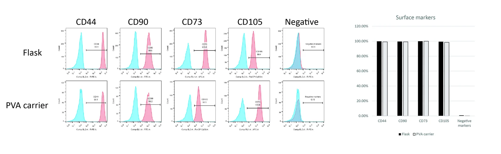 Flow Cytometry surface markers: CD44 / CD90 / CD73 / CD105 (Flask vs PVA carrier)